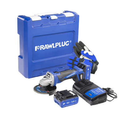 Smerigliatrice R-PAG con 2 batterie 5,0 Ah, caricabatterie da 6,5A, guanti protez - cassetta Rawl